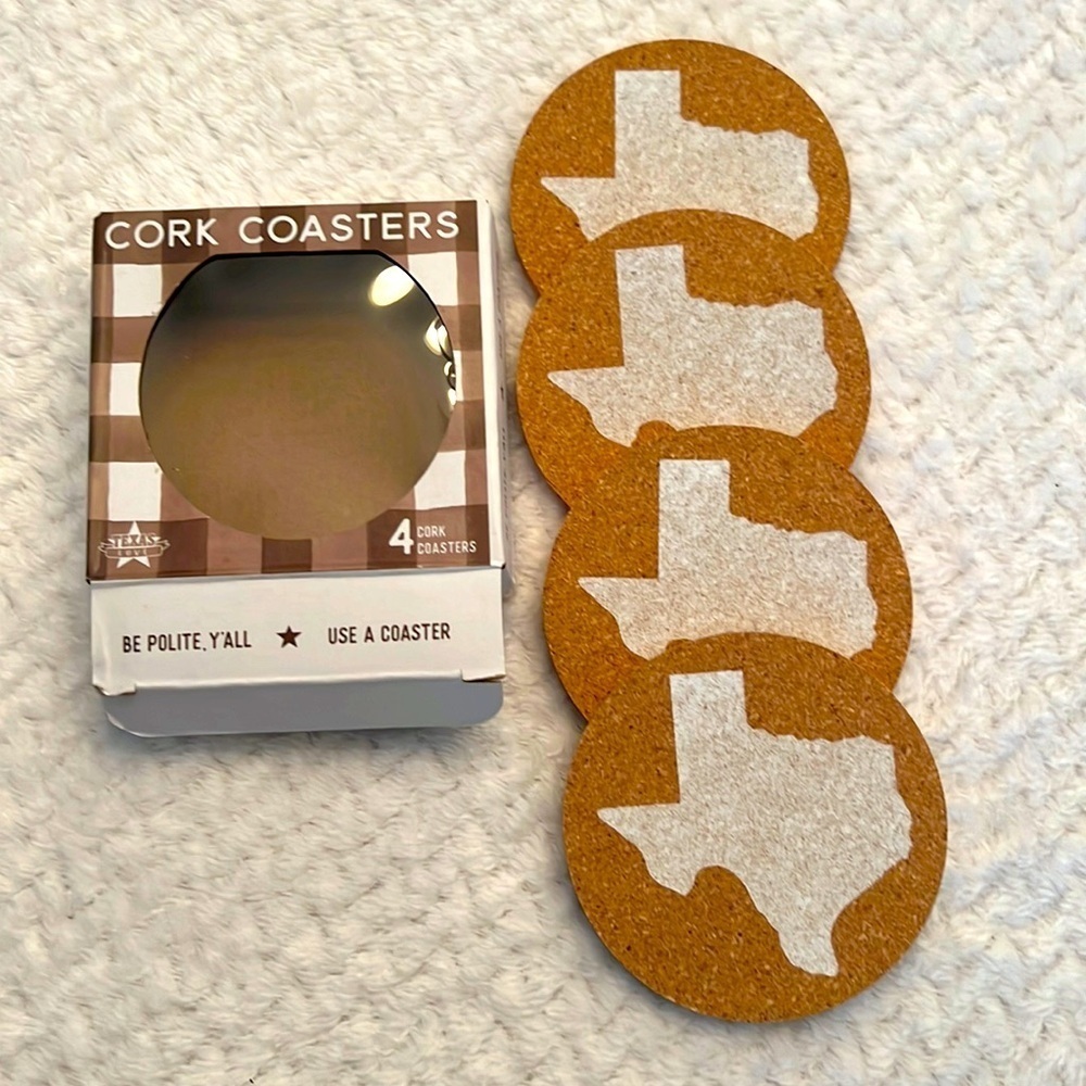 Texas Style Cork Coasters Set of 4 State of Texas Size 3.5 in
